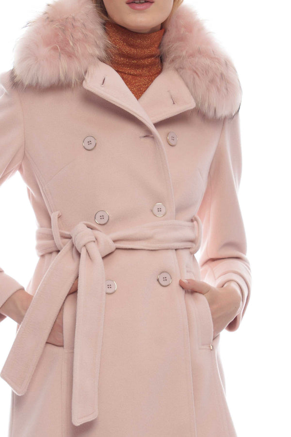 Double-breasted coat with belt at the waist - Coat with faux fur ECRUECO