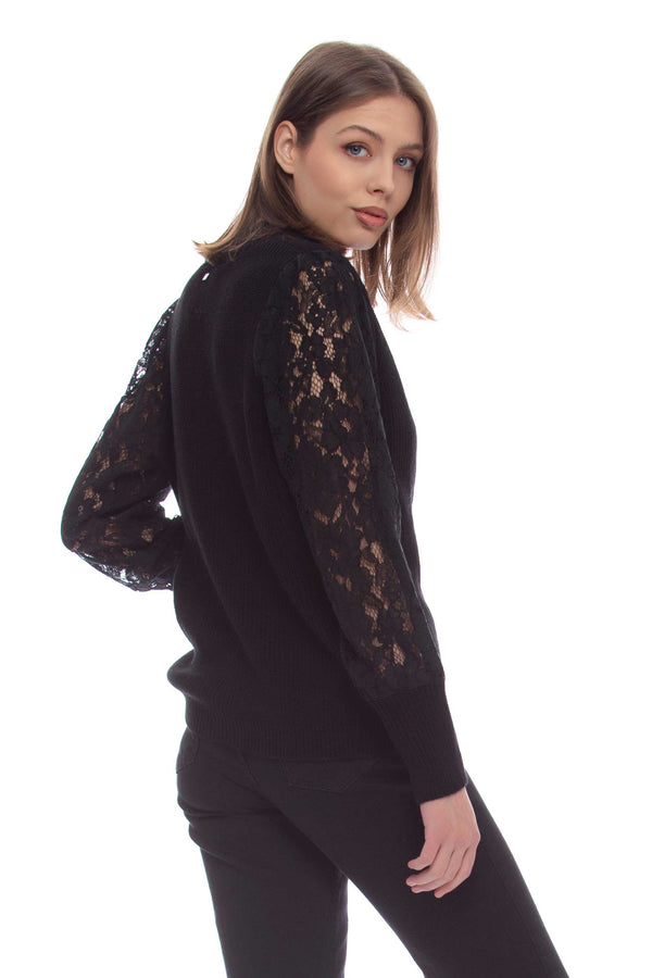 Women's wool cardigan with lace sleeves - Sweater  MERATH