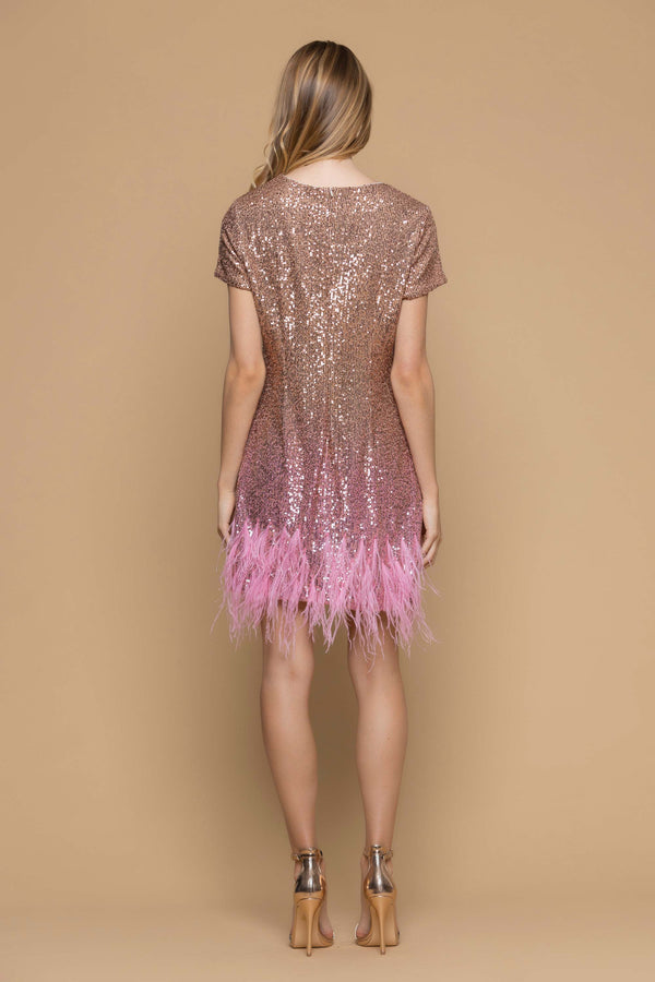Mini sleeved dress with sequins and feathers - Dress COLLY