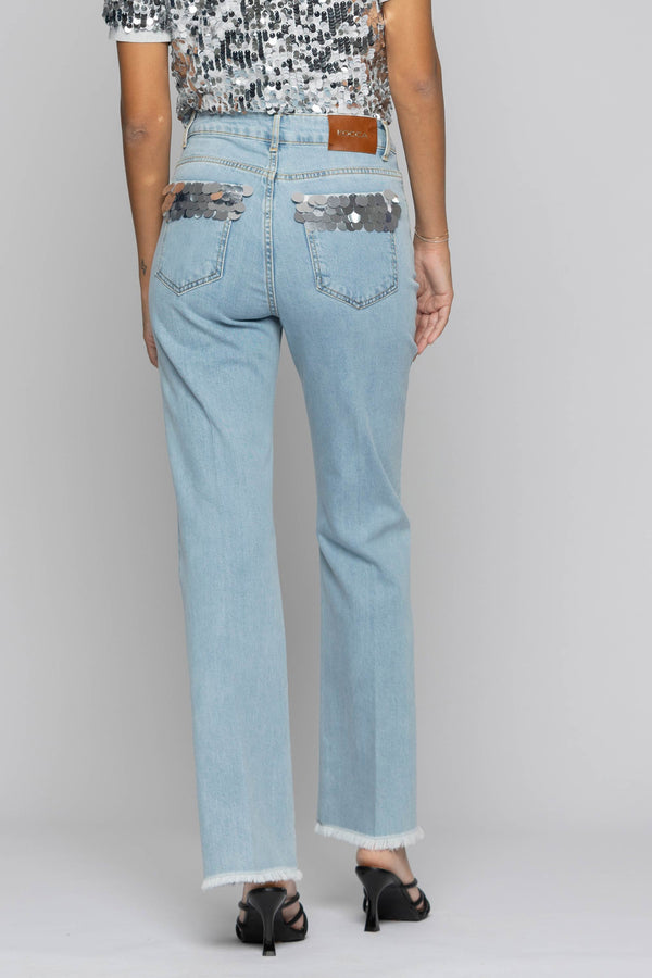 Jeans dritti con paillettes sulle tasche - Pantalone Denim Con Applicazione ALISA