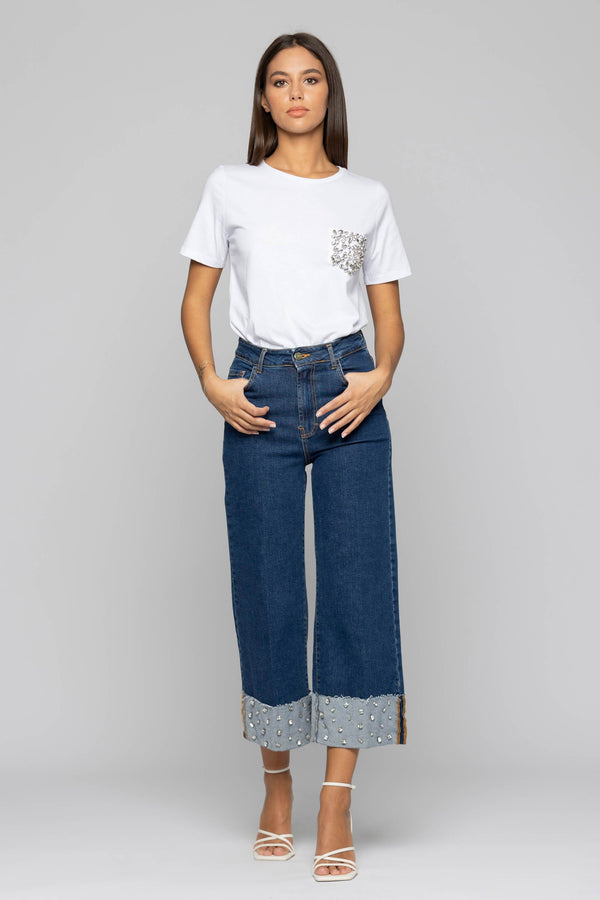 Jeans culotte con applicazione di strass sul risvolto - Pantalone Denim IRIA