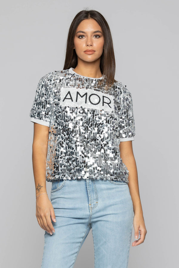 T-shirt brodé de paillettes avec impression - T-shirt AMOR