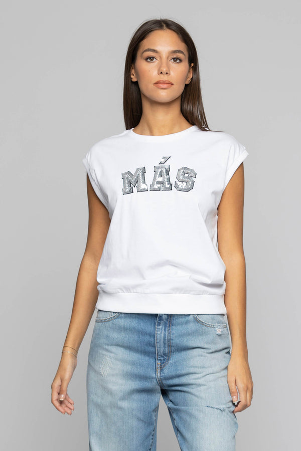 Camiseta de algodón con inscripción de lentejuelas aplicada - Camiseta KALLIMACO