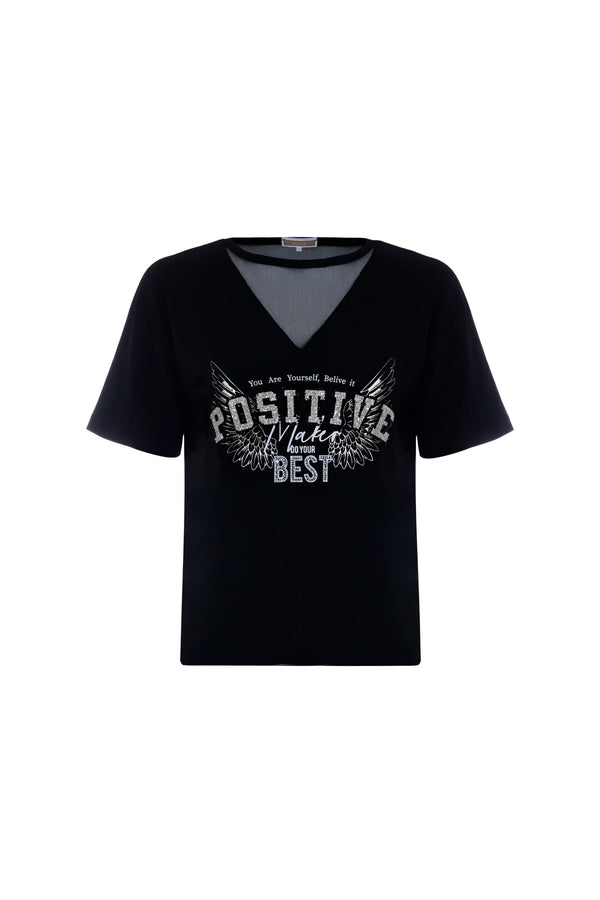 Cotton T-shirt with lettering and rhinestones - T-shirt MERCEDITA