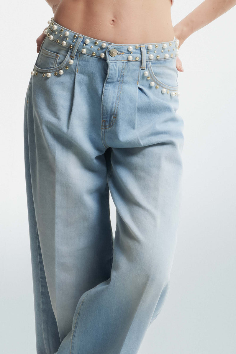 Jeans ampi con decorazione di perline - Pantalone Denim MERISSA