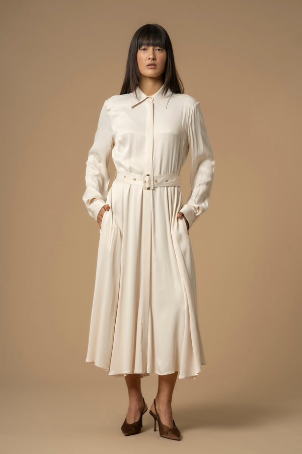 Relaxed pleated collared three quarter length dress - Dress LORIS