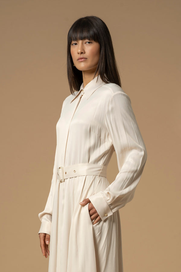 Relaxed pleated collared three quarter length dress - Dress LORIS