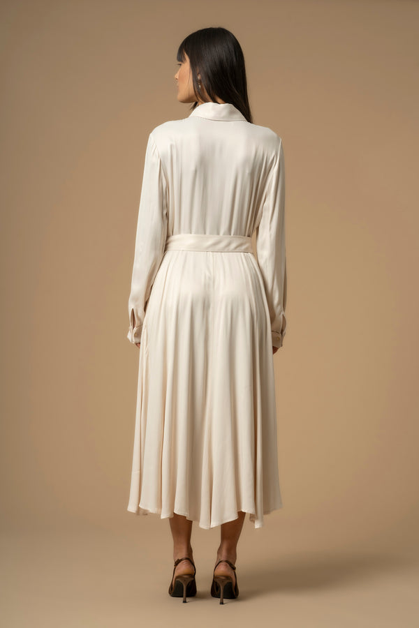 Relaxed pleated collared three quarter length dress - Dress LORIS