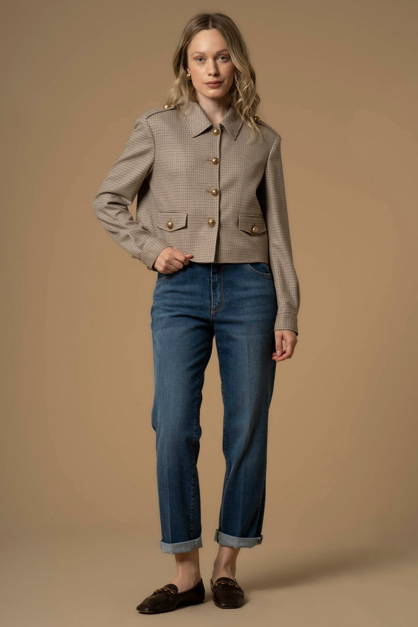 Sophisticated short button up collared chequered jacket - Jacket JENESIO