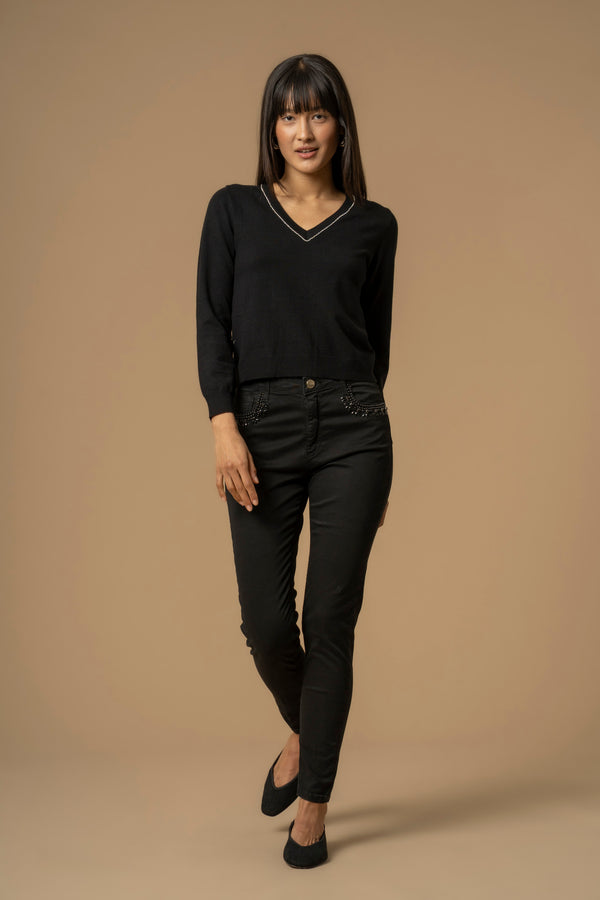 Maglia con scollo a V e strass - Maglia M/L Jorinda