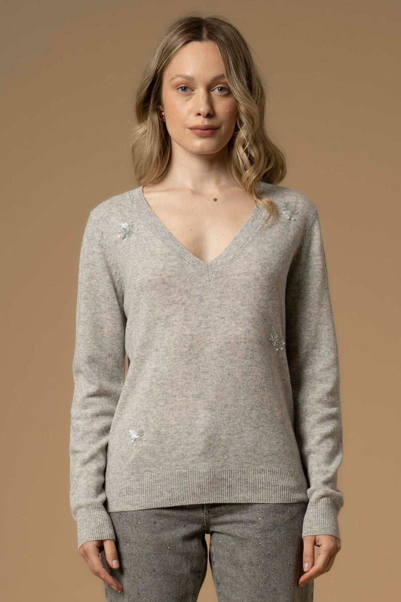 Pull col V avec détails strass - Pull  M/L BERNABE
