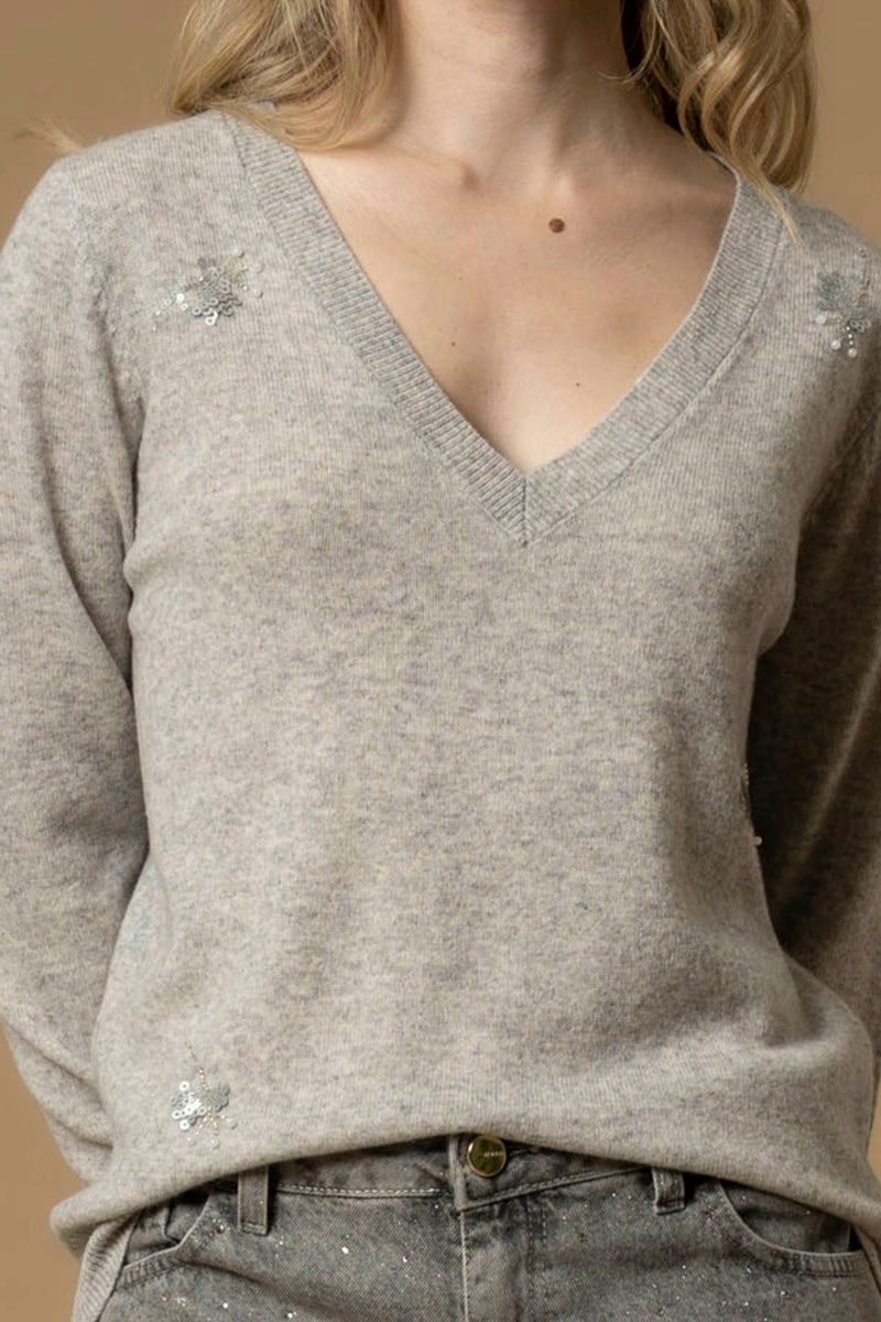 Pull col V avec détails strass - Pull  M/L BERNABE