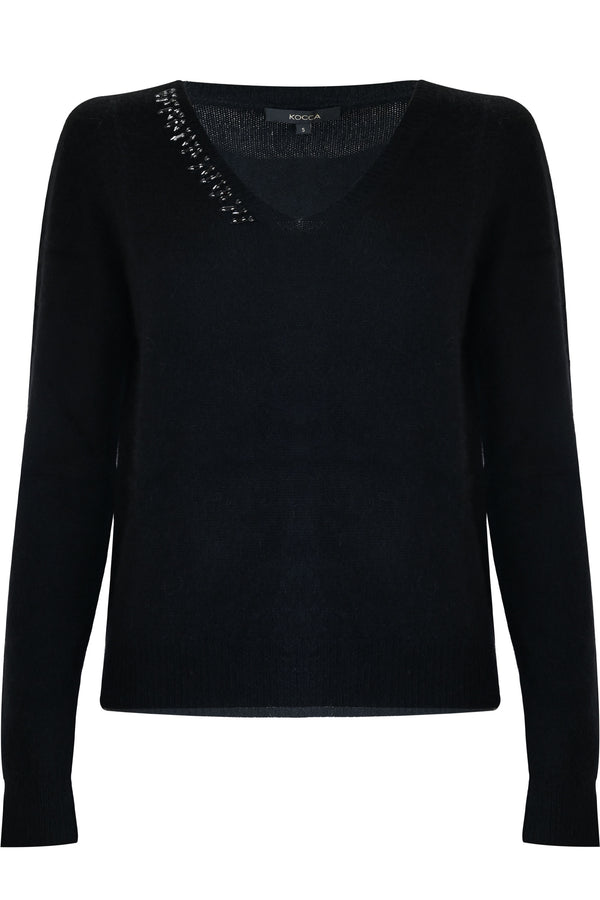 Chic half jeweled v neck thin sweater - Sweater with application BLAKYS