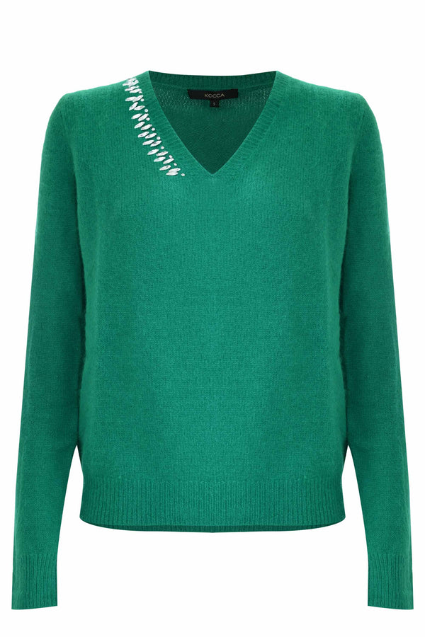 Chic half jeweled v neck thin sweater - Sweater with application BLAKYS