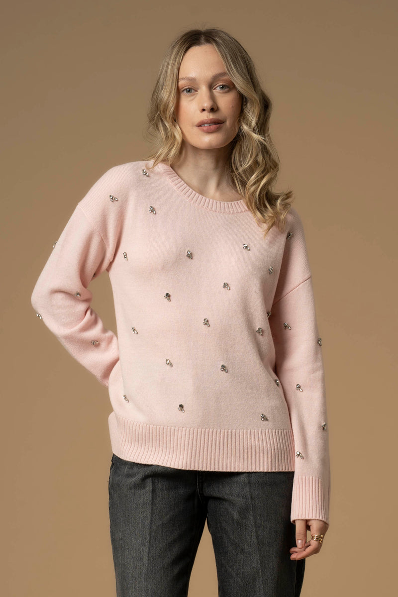 Maglia girocollo con ricami in pietre - Maglia M/L Marielina