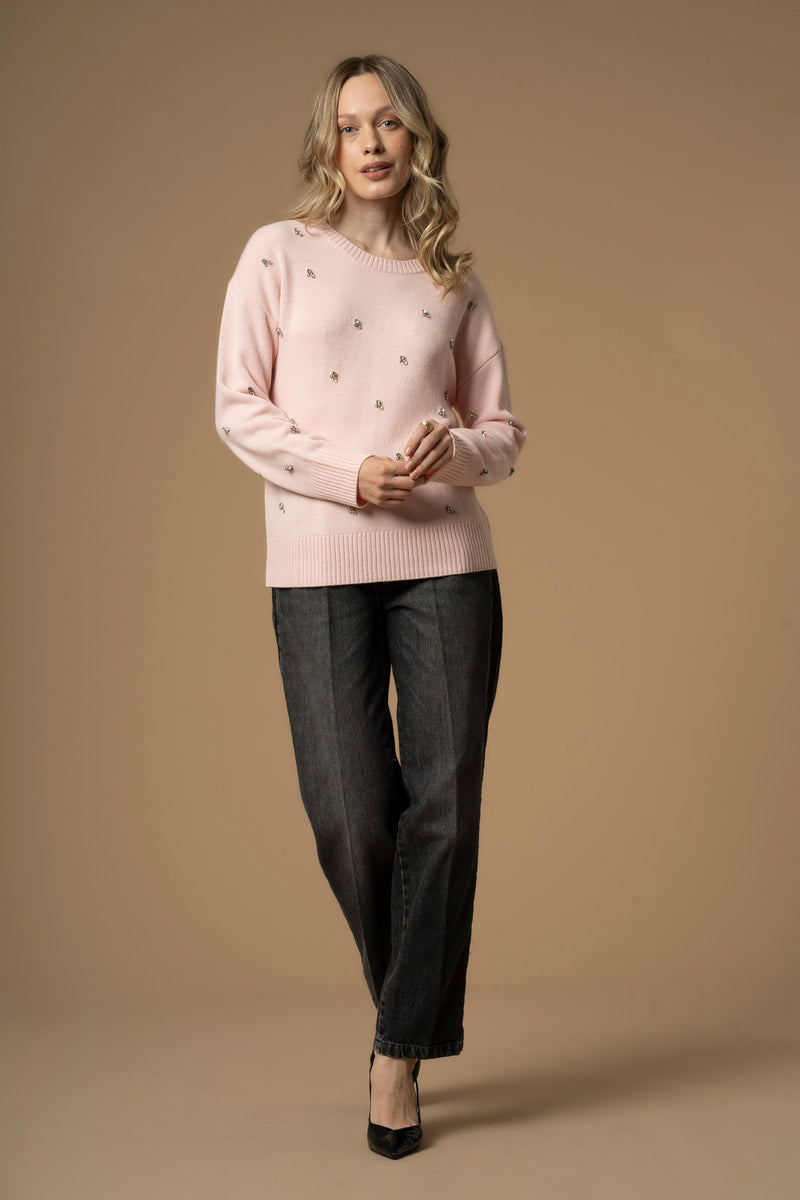 Maglia girocollo con ricami in pietre - Maglia M/L Marielina