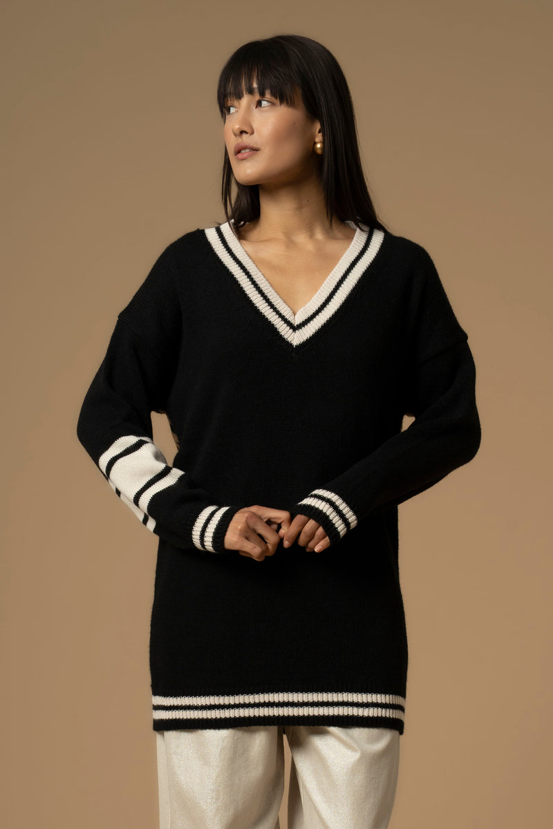 Pull long col V effet contrasté - Pull  M/L PIERDARIA