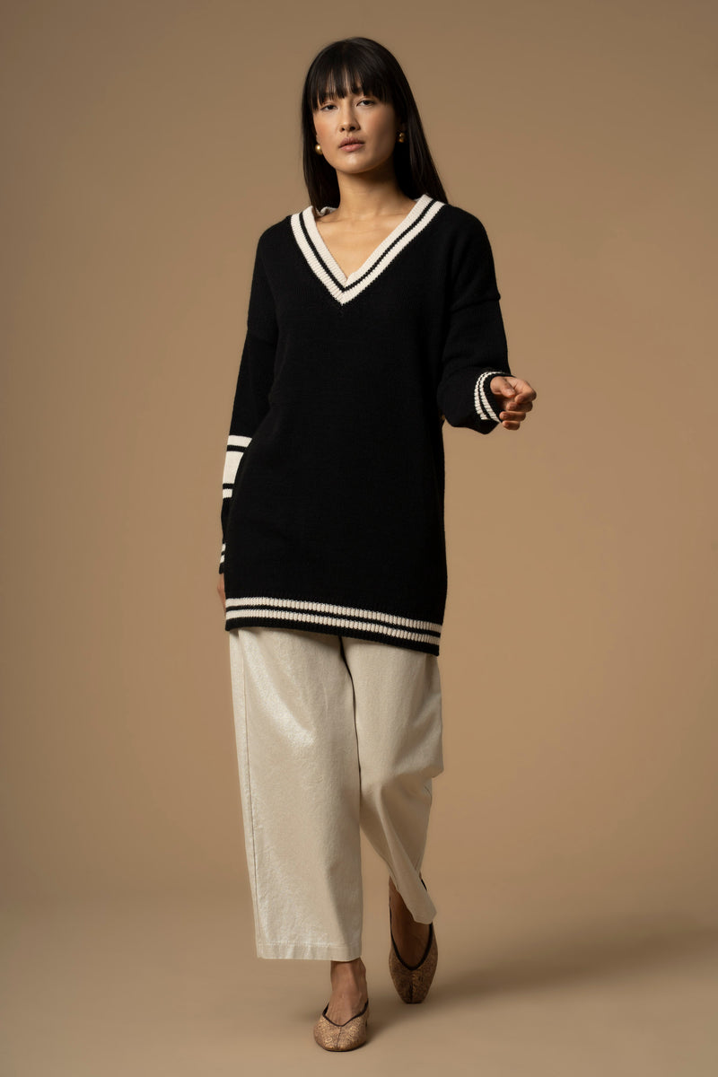 Pull long col V effet contrasté - Pull  M/L PIERDARIA