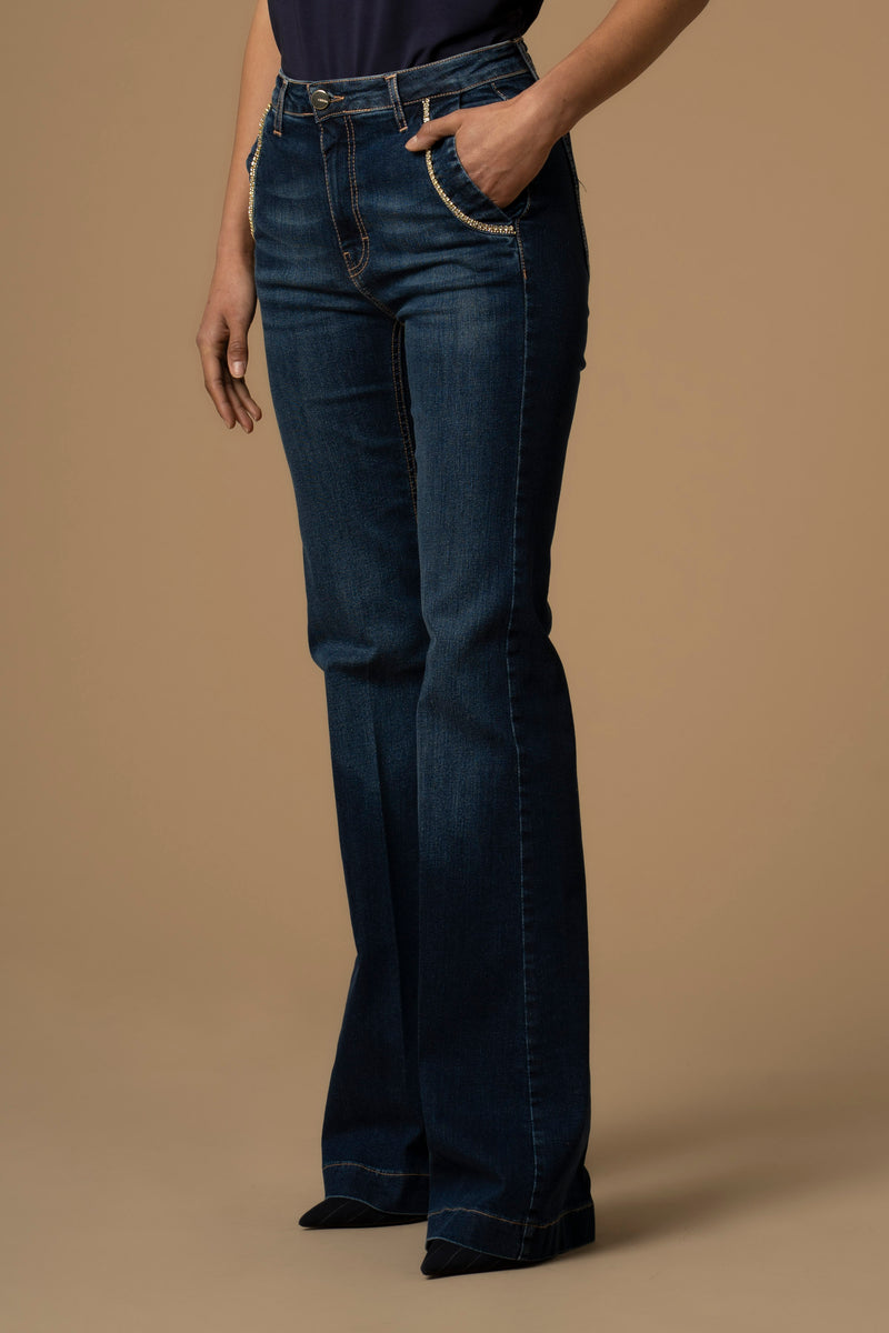 Pantaloni svasati con strass - Pantaloni Denim Con Ricamo Rooney