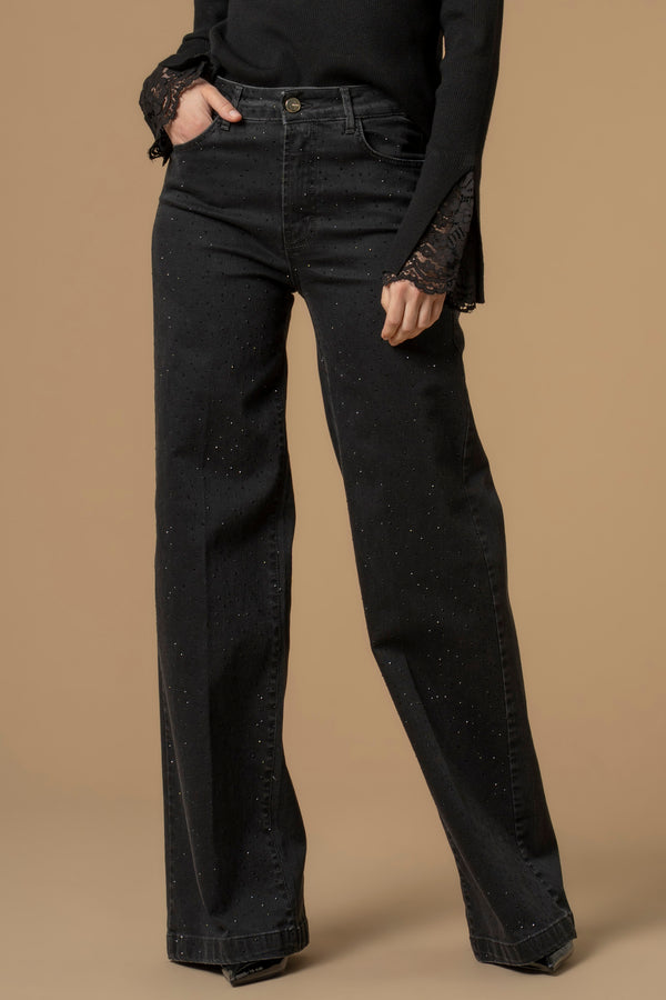 Pantalon coupe droite large effet strass - Pantalon DENIM CON APPLICAZIONE DONVINA