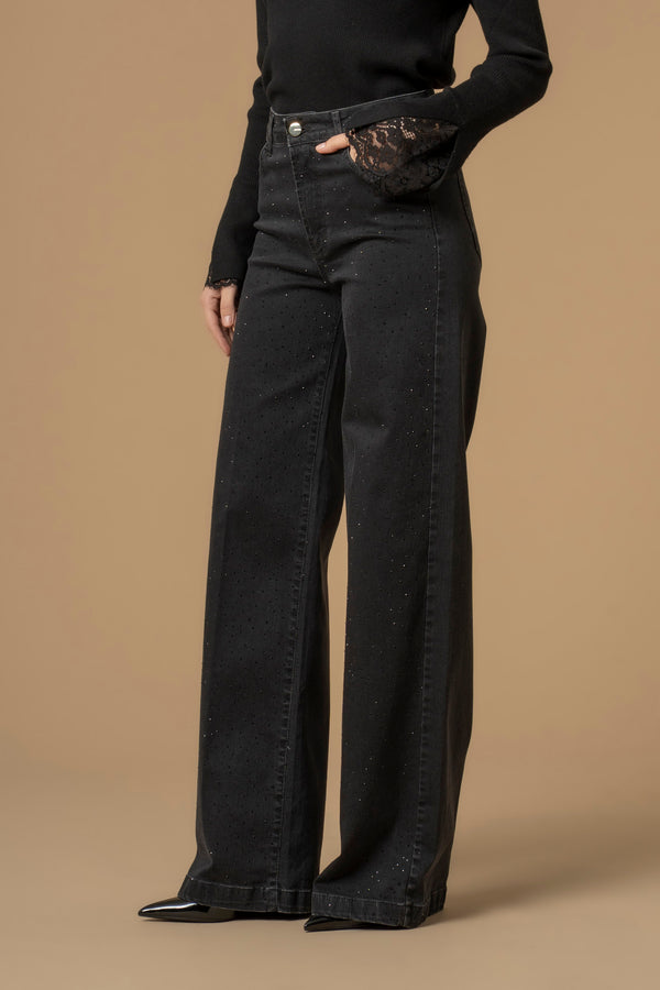 Pantalon coupe droite large effet strass - Pantalon DENIM CON APPLICAZIONE DONVINA