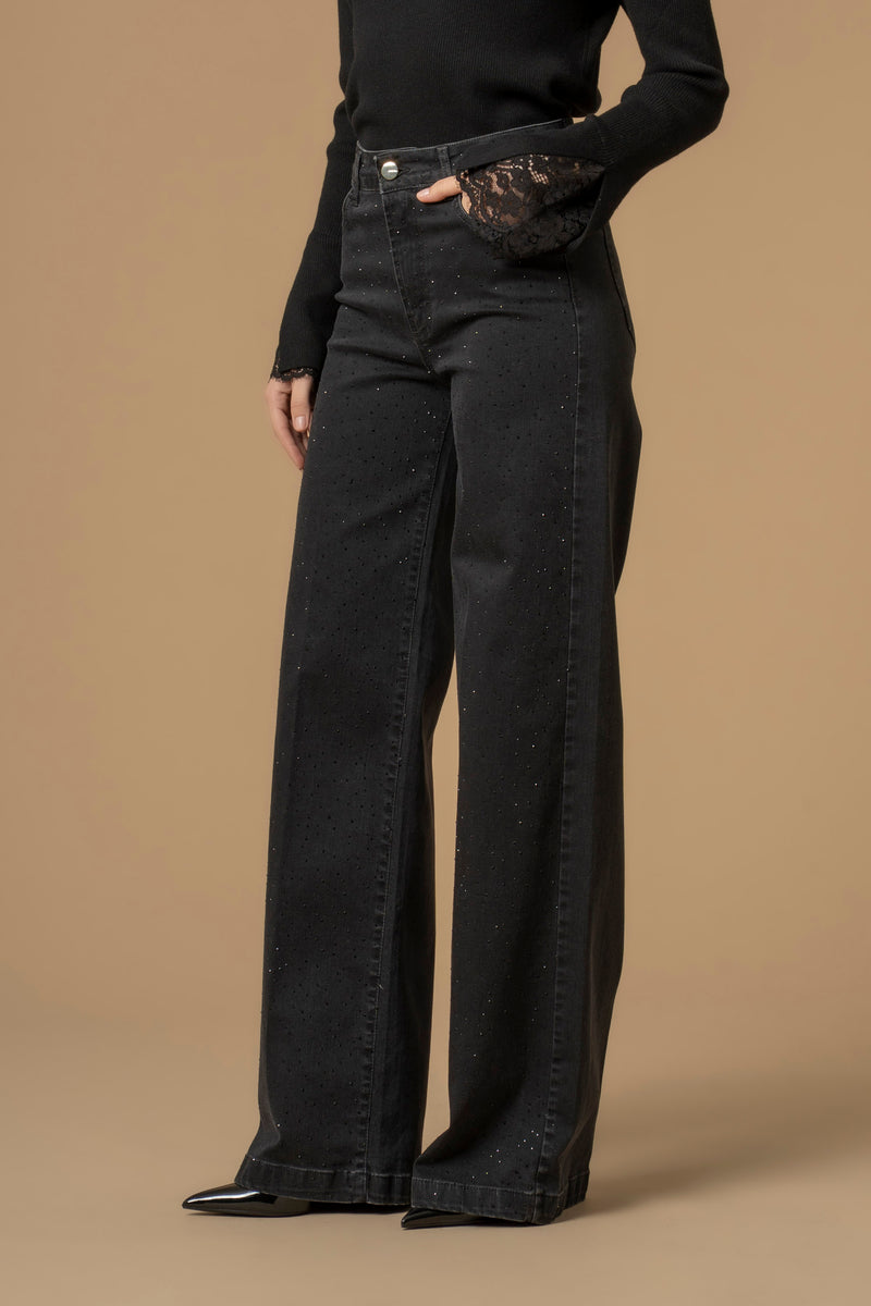 Pantaloni in denim a palazzo con strass - Pantaloni Denim Con Applicazione Donvina