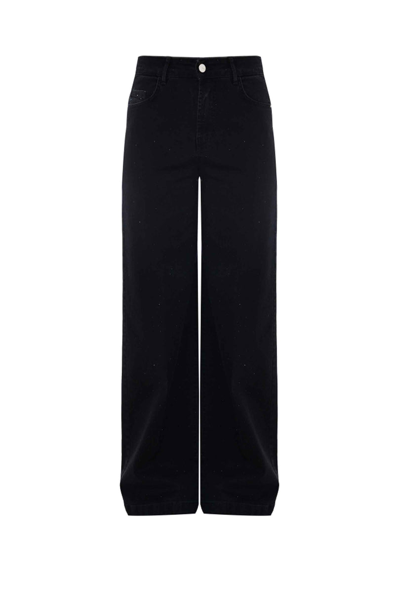 Pantaloni in denim a palazzo con strass - Pantaloni Denim Con Applicazione Donvina