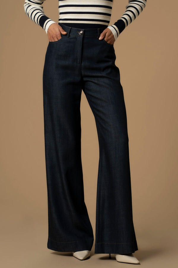 Elegant plain flared leg full length denim trousers - Trousers ERALDO