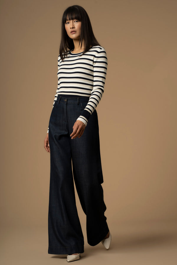 Elegant plain flared leg full length denim trousers - Trousers ERALDO