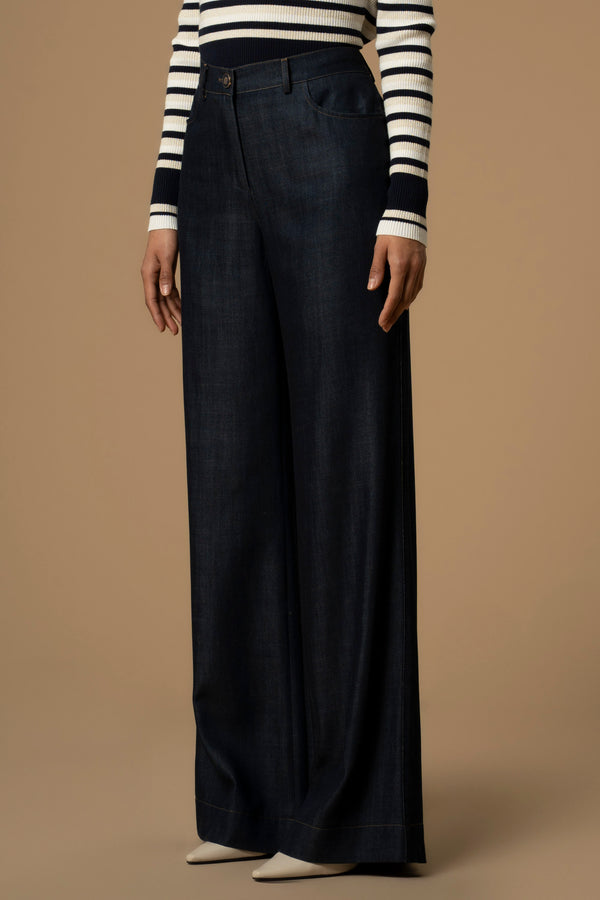 Elegant plain flared leg full length denim trousers - Trousers ERALDO