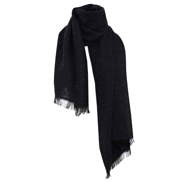 Écharpe Foulard En Soie Noire - Franges Et Motif Cloque, 200x30 Cm, Made In Italy