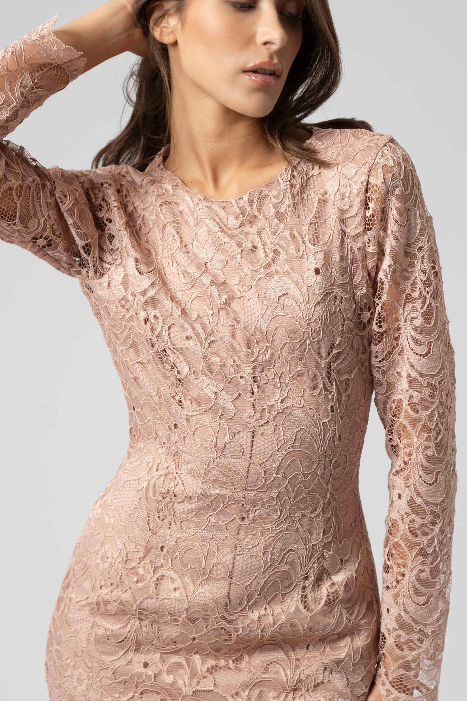 strapless open back dress Love Me Pink Lace Long Sleeve Mini Dress