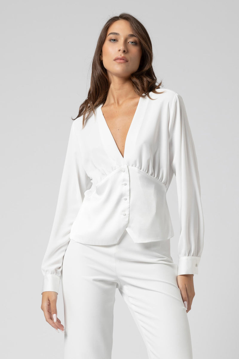Blusa con scollo a V e bottoni in tessuto - Blouse YAMILAX