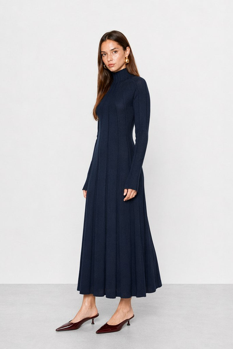 blue knitted jumper dress with a polo neck and ribbed texture - ORIGENE Knit Dress __label3:[DEF]Breastfeeding Friendly;[US]Nursing Friendly