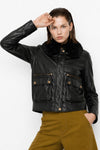 Veste en cuir zippée avec col en fourrure et poches - Veste Cuir écologique EMERAUDE