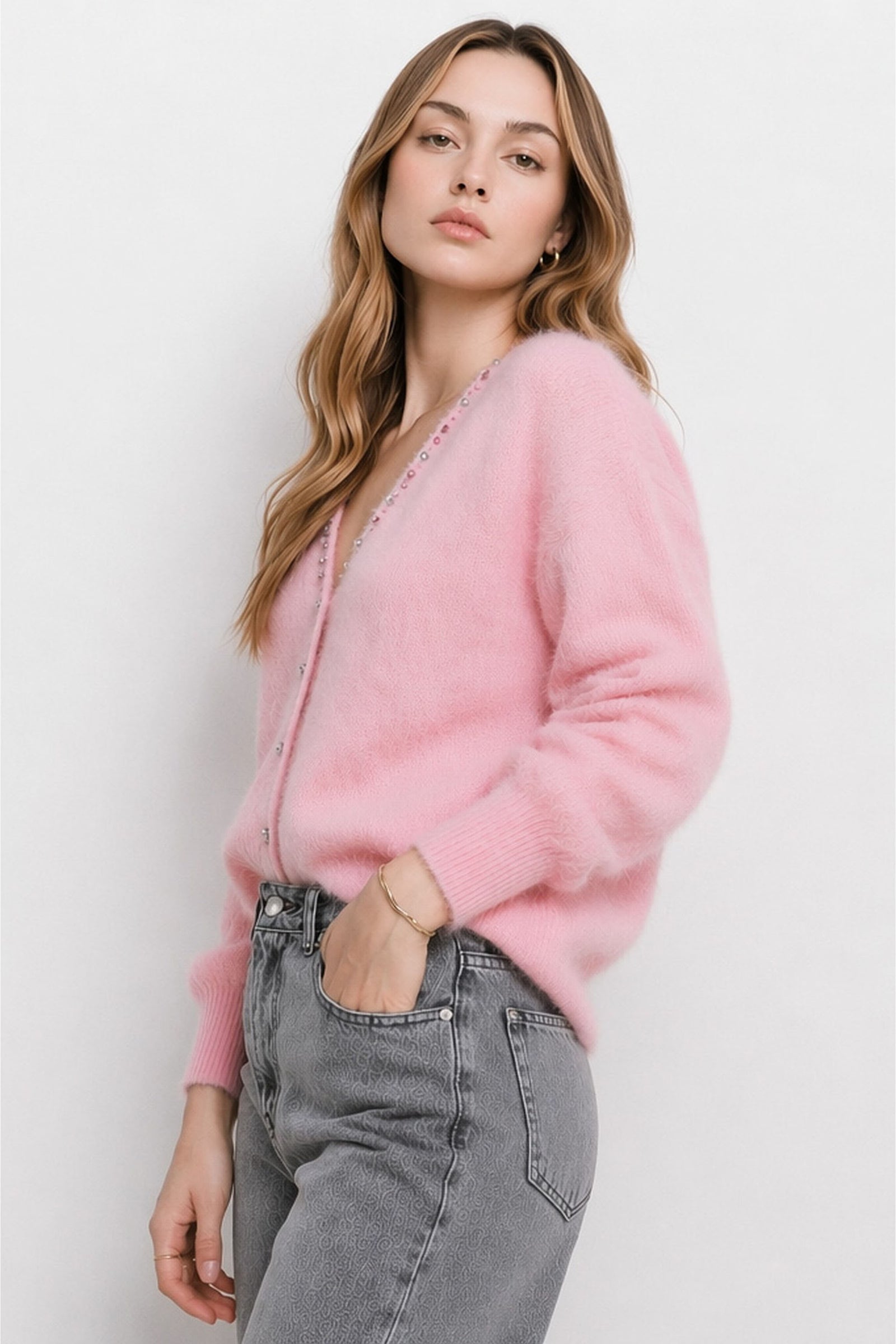 Cardigan in angora and wool with a V-neck and jewel details