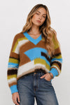 Pull femme col V à motif géométrique et bords côtelés - Pull ERMENGARD