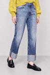 Jeans da donna a vita alta con risvolto e borchie - Pantalone Denim ENIO