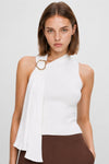 Haut sans manches côtelé à col drapé asymétrique et anneau - Pull FoulardKNITX
