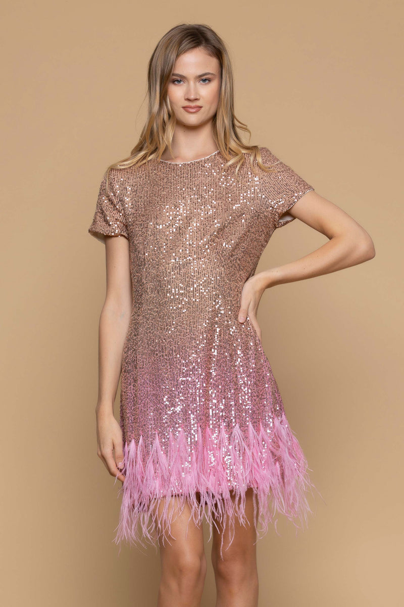 Mini sleeved dress with sequins and feathers - Dress COLLY