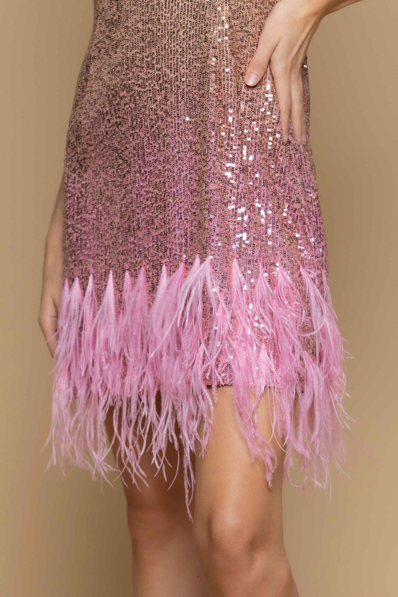 Mini sleeved dress with sequins and feathers - Dress COLLY