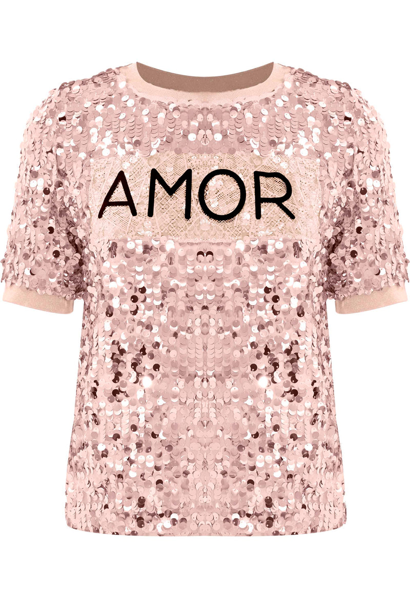 Sequin embroidered t-shirt with print - T-shirt AMOR