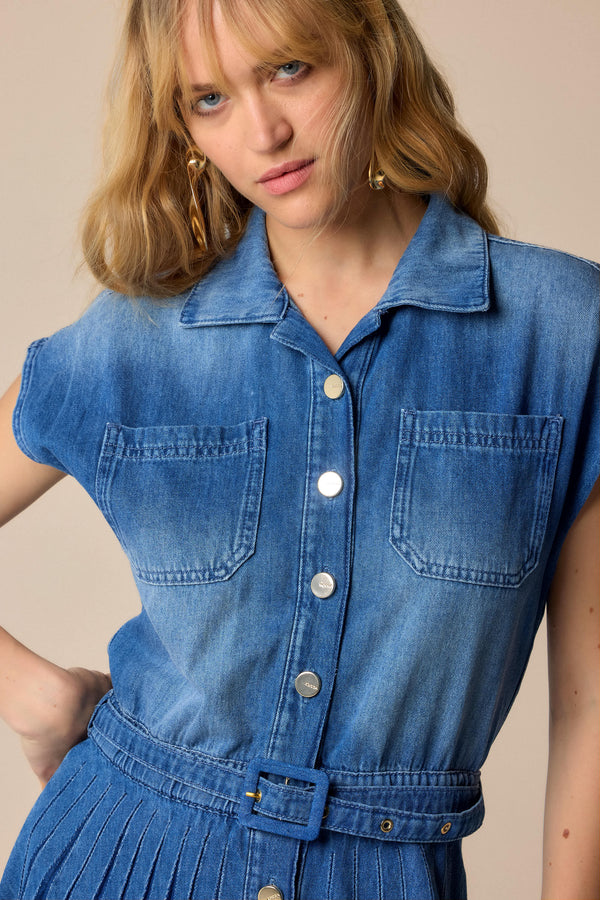 Classic sleeveless shirt style denim dress - Dress AMEL