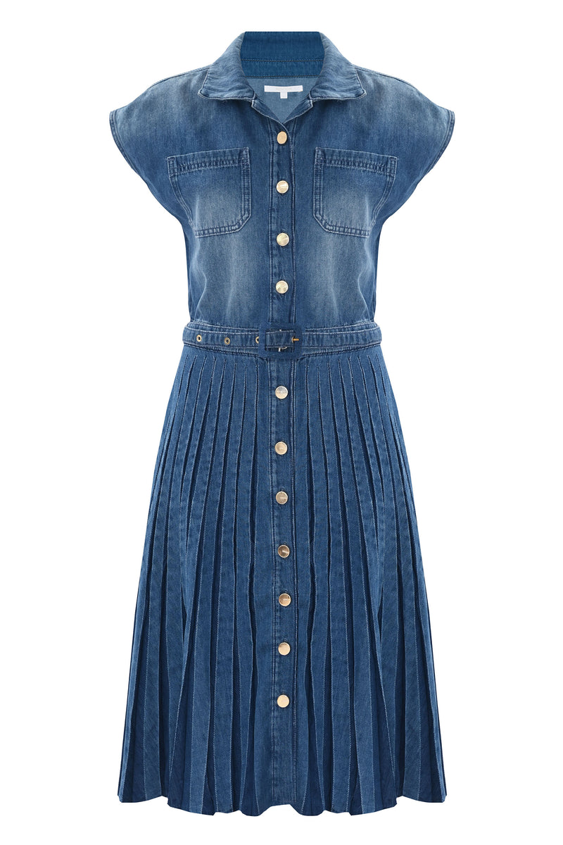 Classic sleeveless shirt style denim dress - Dress AMEL