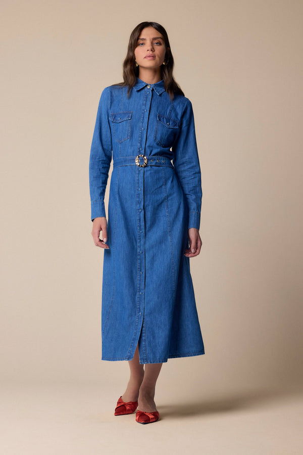 Conservative three-quarter length denim dress - Dress PEGGI