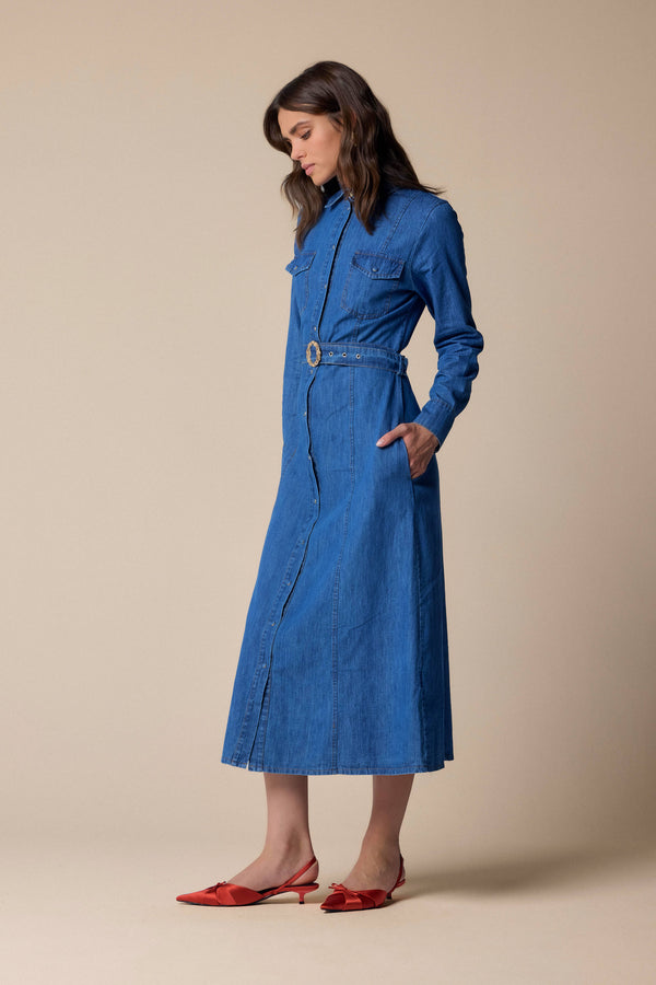 Conservative three-quarter length denim dress - Dress PEGGI