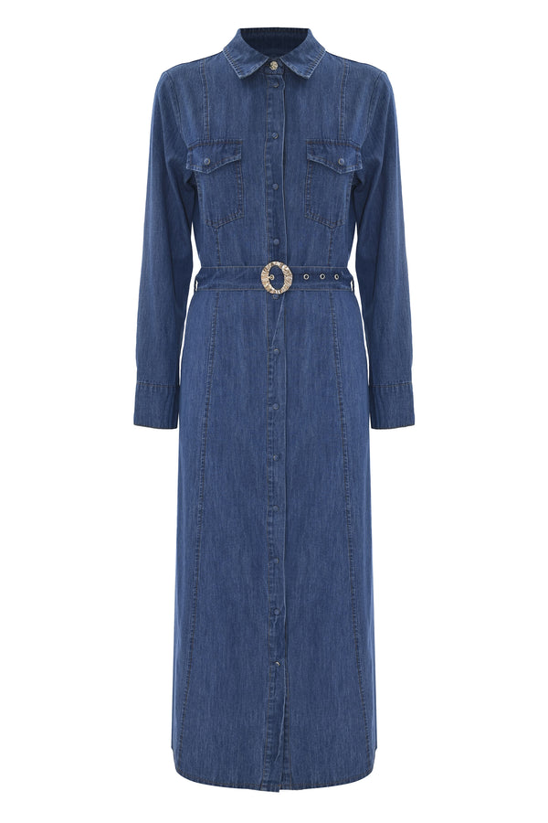 Conservative three-quarter length denim dress - Dress PEGGI