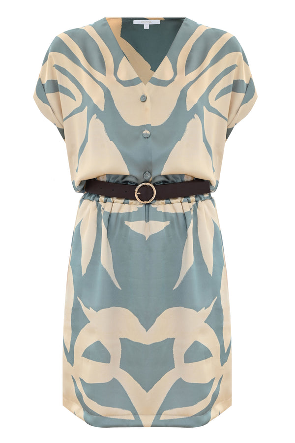 Stylish patterned knee-length belted dress - Dress LACELOT