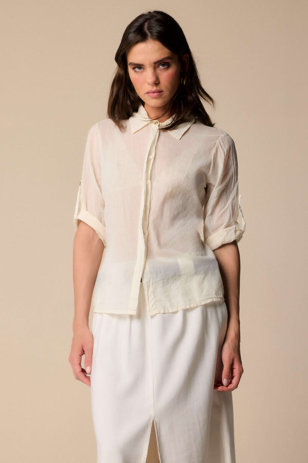 Delightful milk cream rolled sleeve blouse - Blouse  HODIN