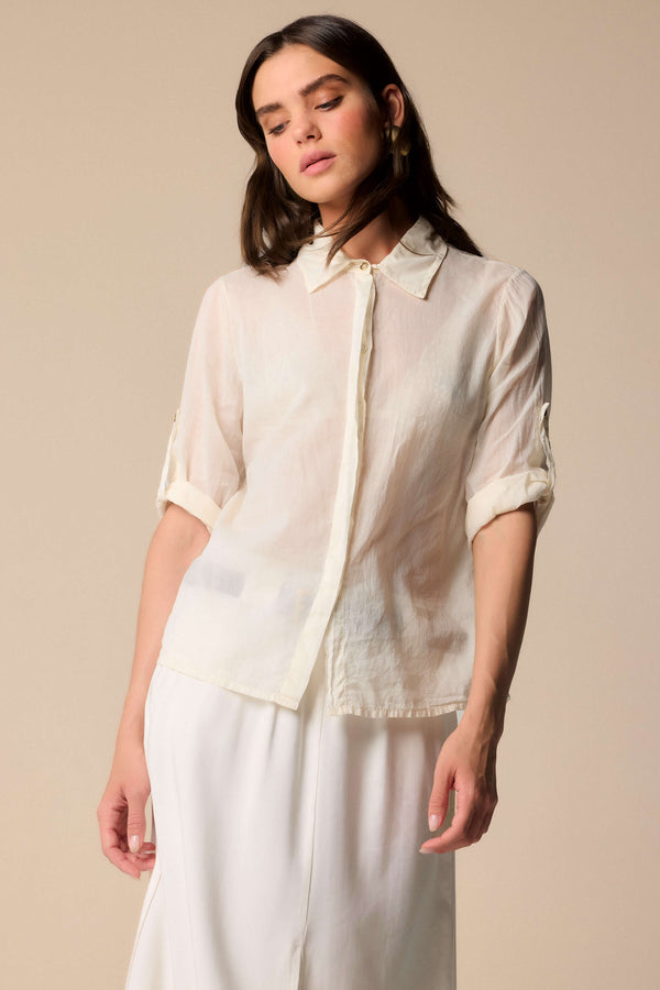 Delightful milk cream rolled sleeve blouse - Blouse  HODIN